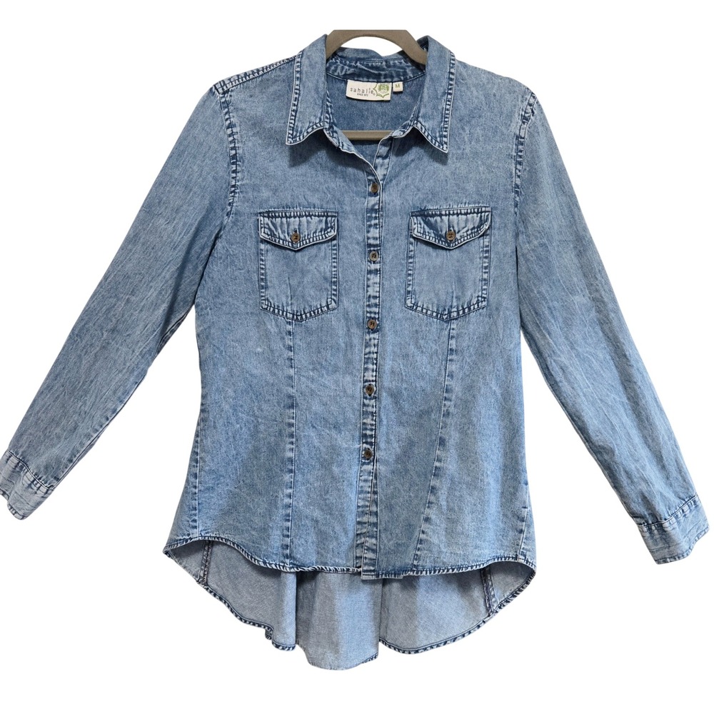 Sahalie Womens M Boho Chic Light Acid Wash Denim High Low Button Down Shirt